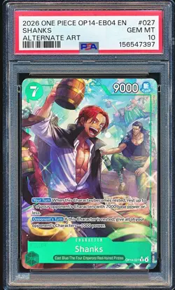 SHANKS ONE PIECE AZURE SEA'S SEVEN OP14-027 ALT ART FOIL PSA 10 GEM MINT - Image 1