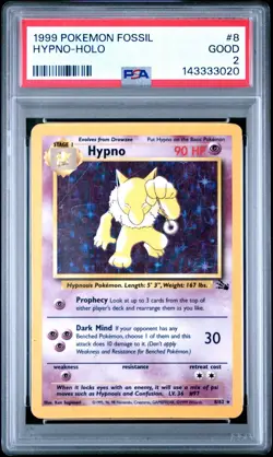 1999 Pokemon Fossil #8 Hypno-Holo PSA 2 - Image 1
