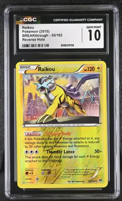 CGC 10 GEM MINT Raikou 2015 BREAKthrough 55/162 Reverse Holo Pokemon Card - Image 1