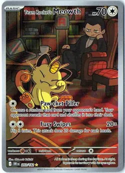 Team Rocket's Meowth 203/182 Illustration Rare Destined Rivals Pokemon Holo NM - Image 1