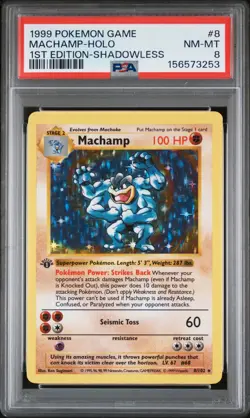 1999 POKEMON BASE SET 1ST EDITION-SHADOWLESS #8 MACHAMP-HOLO PSA 8 - Image 1