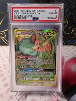 2019 POKEMON SUN & MOON COSMIC ECLIPSE #1 VENUSAUR & SNIVY GX PSA 8 - Image 1