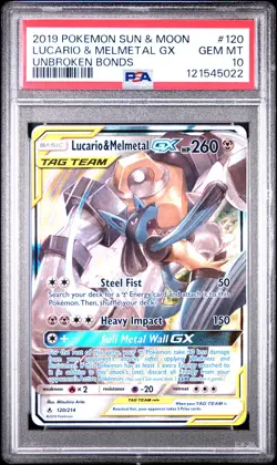 2019 Pokemon Sun & Moon Unbroken Bonds Lucario & Melmetal GX #120 PSA 10 - Image 1