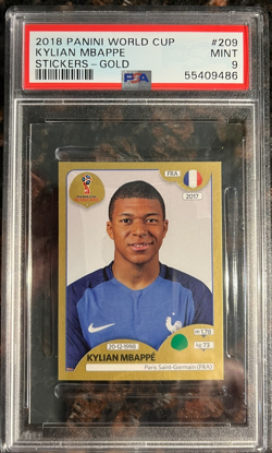 2018 Panini World Cup #209 Kylian Mbappe Gold RC Rookie PSA 9 MINT Sticker Card - Image 1