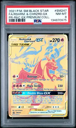 2021 POKEMON SM BLACK STAR PROMO #SM247 FULL ART/RESHIRAM & CHARIZARD GX PSA 8 - Image 1
