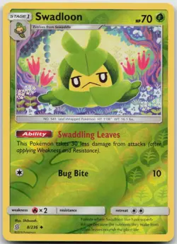 Swadloon 8/236 Uncommon Unified Minds Pokemon TCG Reverse Holo NM - Image 1