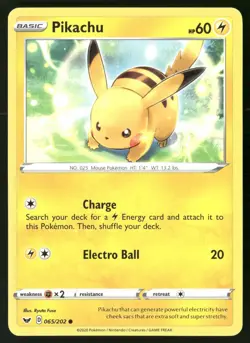 Pikachu 065/202 Common Sword & Shield Pokemon NM - Image 1