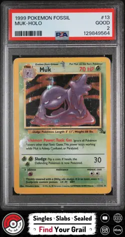 PSA 2 MUK HOLO 13 1999 FOSSIL POKEMON CARD - Image 1