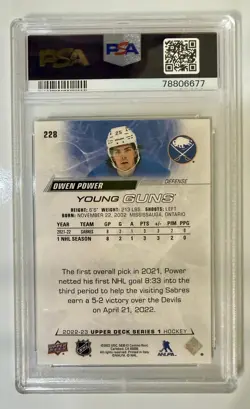 Owen Power - PSA 10 GEM MINT 2022 Upper Deck Young Guns #228 Buffalo Sabres RC - Image 2