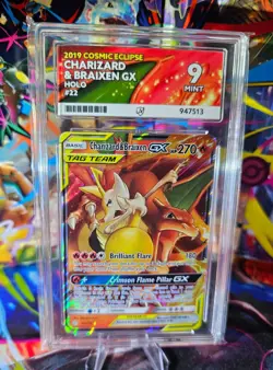 Pokemon Charizard & Braixen GX 22/236 Cosmic Eclipse Graded Card. ACE 9 - Image 1