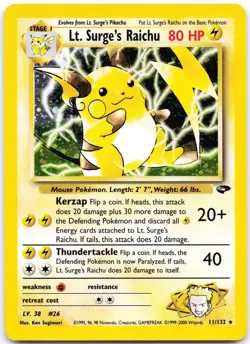 Lt. Surge's Raichu 11/132 Unlimited Holo Gym Challenge MP - Image 1