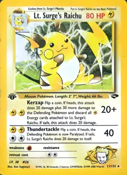 Lt. Surge's Raichu 11/132 Gym Challenge Holo, 1ST EDITION, Holographic, EBP-0072 - Image 1