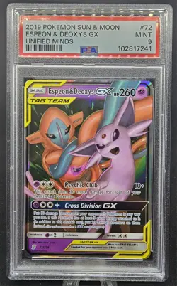 2019 POKEMON SM UNIFIED MINDS #72 ESPEON & DEOXYS GX TAG TEAM PSA 9 - Image 1