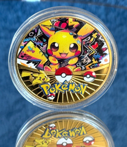 Abstract Pikachu Gold Coin - Pokemon Coin in Plastic Capsule - Rare Design - NEW - Image 1