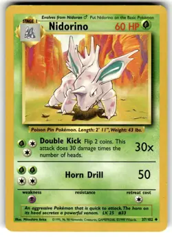 Nidorino 37/102 Uncommon Base Set Unlimited Pokemon Near Mint/VLP - Image 1