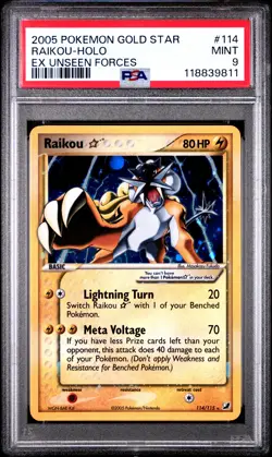 2005 POKEMON EX UNSEEN FORCES GOLD STAR #114 RAIKOU-HOLO PSA 9 - Image 1