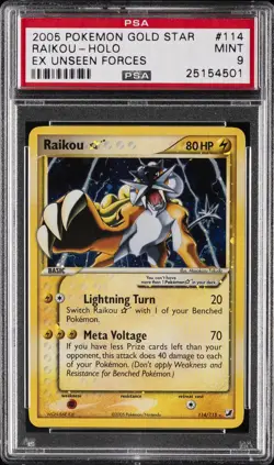 2005 POKEMON EX UNSEEN FORCES GOLD STAR #114 RAIKOU-HOLO PSA 9 - Image 1