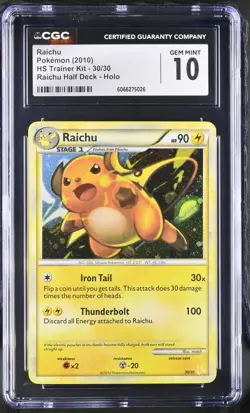 CGC 10 GEM MINT Raichu 2010 HS Trainer Kit 30/30 Holo Pokemon Card - Image 1