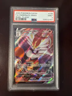 2020 Pokemon SWSH Rebel Clash Cinderace VMAX 036/192 Holo Ultra Rare PSA 9 - Image 1