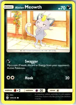 Alolan Meowth 128/236 Common Regular Card SM - Cosmic Eclipse Pokemon TCG NM - Image 1
