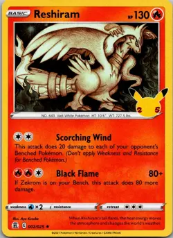 Reshiram 002/025 Rare Celebrations Pokemon Holo Near Mint - Image 1