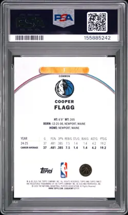 2025 TOPPS FINEST #1 COOPER FLAGG COMMON ROOKIE RC PSA 10 (B) - Image 2