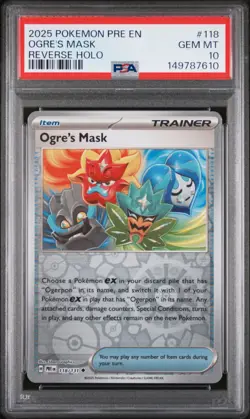 2025 POKEMON PRE EN-PRISMATIC EVOLUTIONS REVERSE HOLO #118 OGRE'S MASK PSA 10 - Image 1