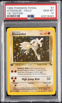1999 POKEMON FOSSIL 1ST EDITION #7 HITMONLEE-HOLO PSA 10 - Image 1