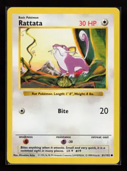 Rattata 61/102 Common Base Set (Shadowless) Pokemon Card - Image 1