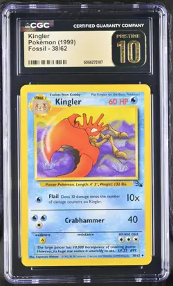 CGC 10 PRISTINE Kingler 1999 Fossil 38/62 Pokemon Card - Image 1