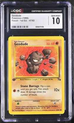 CGC 10 GEM MINT Geodude 1999 Fossil 1st Edition 47/62 Pokemon Card - Image 1