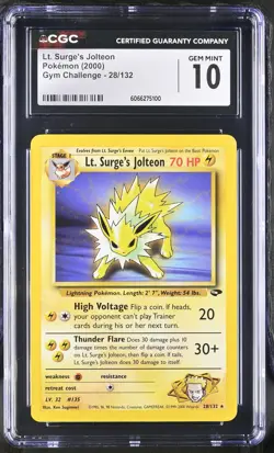CGC 10 GEM MINT Lt. Surge's Jolteon 2000 Gym Challenge 28/132 Pokemon Card - Image 1