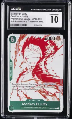 2025 ONE PIECE #OP07-033 MONKEY D. LUFFY CGC 10 GEM MINT - Image 1