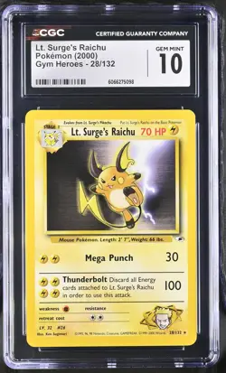 CGC 10 GEM MINT Lt. Surge's Raichu 2000 Gym Heroes 28/132 Pokemon Card - Image 1