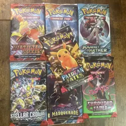 Lot Of 7 SV Booster Packs Paldean Fates Destined Rivals And More Pokemon - Image 1