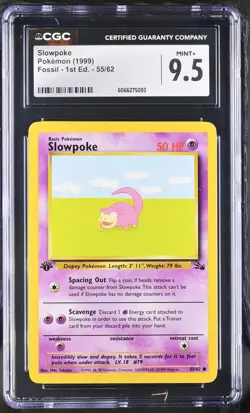 CGC 9.5 MINT+ Slowpoke 1999 Fossil 1st Edition 55/62 Pokemon Card - Image 1