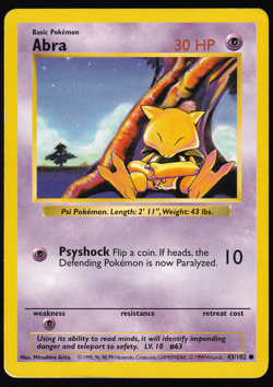 Abra 43/102 Shadowless Base Set Pokemon Card 1999 MP - Image 1