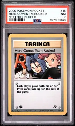 2000 Pokemon Rocket #15 Here Comes Tm.Rocket! 1st Edition-Holo PSA 7 - Image 1