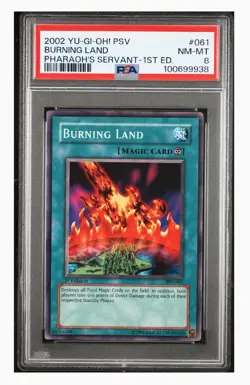 PSA 8 2002 YU-GI-OH! PSV-PHARAOH'S SERVANT #061 BURNING LAND 1ST EDITION - Image 1