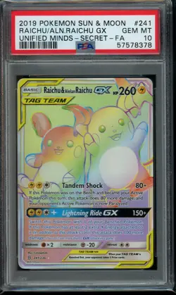 2019 Pokemon Sun Moon Raichu & Alolan Raichu GX 241 Unified Minds Secret PSA 10 - Image 1
