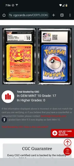 (TOP POP 17) CGC 10 GEM MINT 2002 Magmar Pokemon Expedition 86/165 Card - Image 4