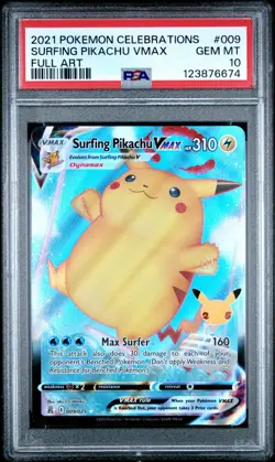 2021 Pokemon Celebrations Surfing Pikachu VMAX Full Art #009 PSA 10 Graded - Image 1