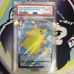 PSA 10 2021 POKEMON CELEBRATIONS 009/025 FULL ART/SURFING PIKACHU VMAX - Image 1