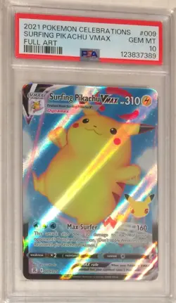 2021 Pokemon SWSH Celebrations PSA 10 Surfing Pikachu VMAX FULL ART Holo #009 - Image 1