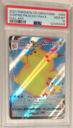 2021 Pokemon SWSH Celebrations PSA 10 Surfing Pikachu VMAX FULL ART Holo #009 - Image 1