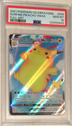 2021 Pokemon SWSH Celebrations PSA 10 Surfing Pikachu VMAX FULL ART Holo #009 - Image 1