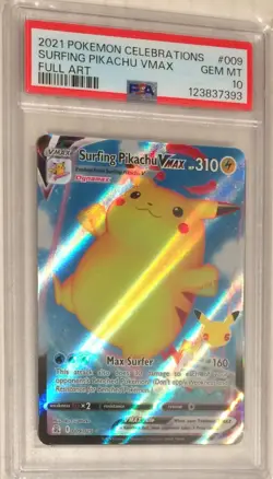 2021 Pokemon SWSH Celebrations PSA 10 Surfing Pikachu VMAX FULL ART Holo #009 - Image 1