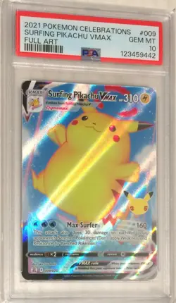 2021 Pokemon SWSH Celebrations PSA 10 Surfing Pikachu VMAX FULL ART Holo #009 - Image 1