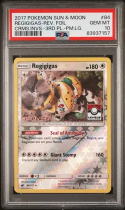PSA 10 Regigigas 84 S&M Crimson Inv 3RD PLACE LEAGUE STAMPED Pokemon Card POP 15 - Image 1