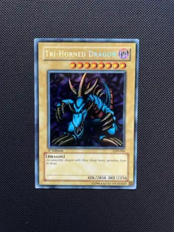 Yugioh Tri-Horned Dragon LOB-000 Secret Rare 1st Edition Asian English Print LP - Image 1